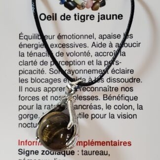 collier bille main oeil de tigre jaune