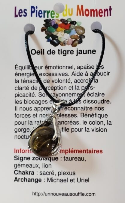 collier bille main oeil de tigre jaune