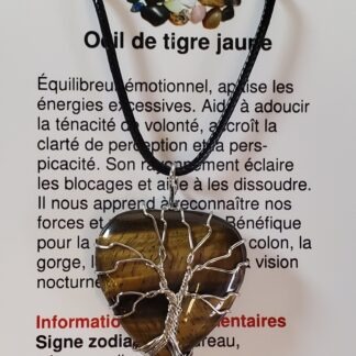 collier coeur arbre de vie oeil de tigre jaune