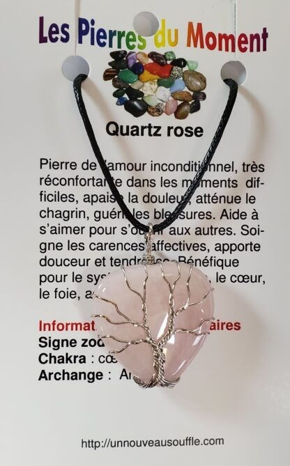 collier coeur arbre de vie quartz rose