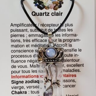 collier pointe 3 pierres quartz clair