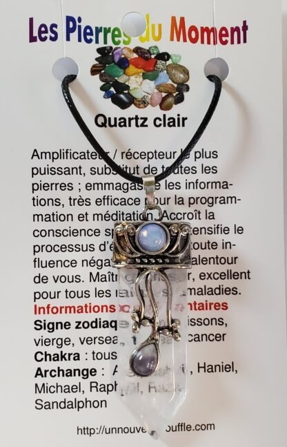 collier pointe 3 pierres quartz clair