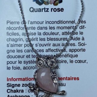 Collier hibou - quartz rose