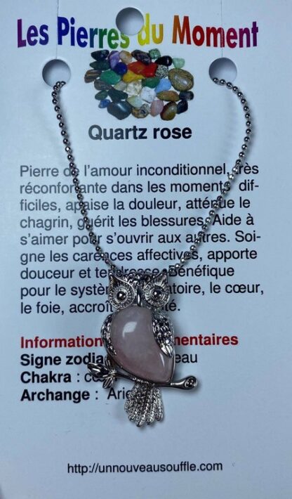 Collier hibou - quartz rose
