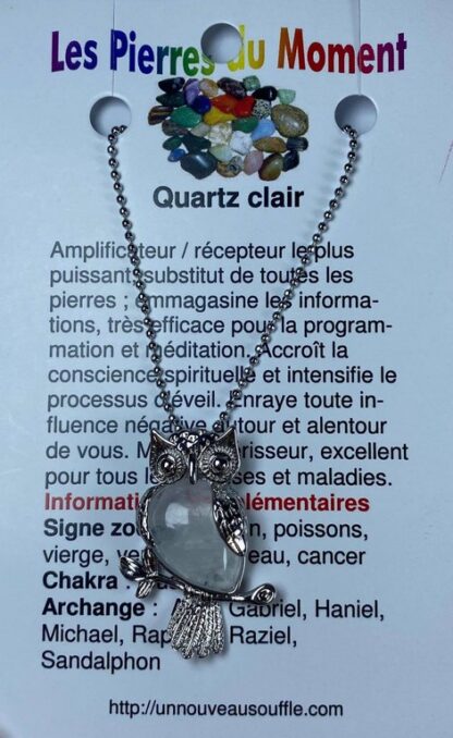 Collier hibou - quartz clair