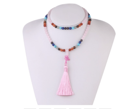 Collier mala quartz rose avec pierres des chakras